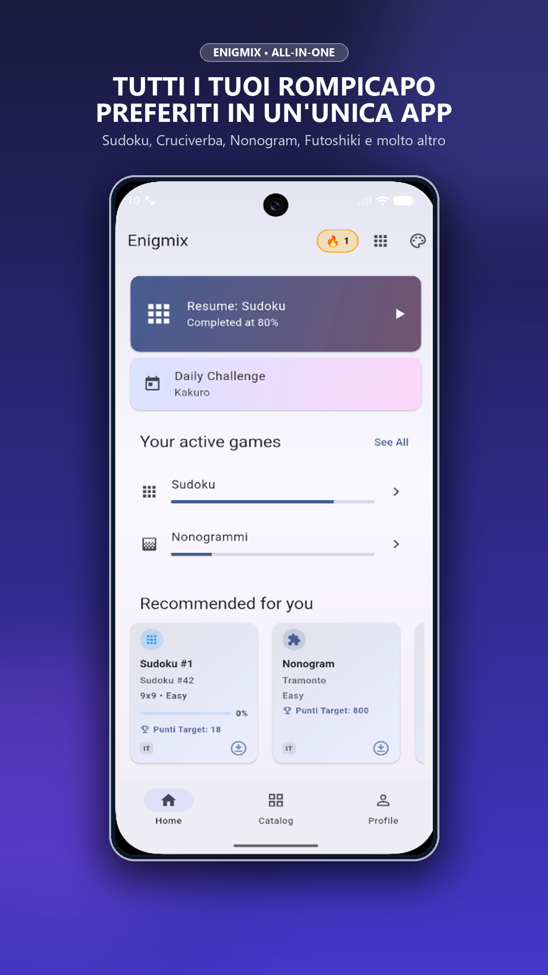 Schermata Principale di Enigmix con catalogo e opzioni di gioco